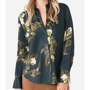 Vince. Camellia Branch Silk Bias Long Sleeve Blouse Green Women’s Medium